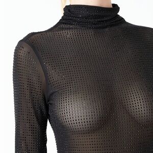 🔆 GREY LAB Black Rhinestone Embellished Fitted Long Sleeve Bodysuit NWT